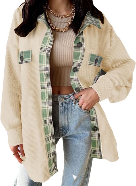 SANDERY Womens Corduroy Plaid Shacket Jacket Women Blouses Lapel Button ...