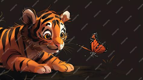 A tiger with a butterfly on his face and a butterfly in the background ...