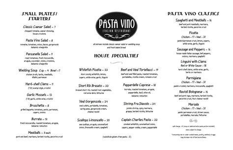 Pasta Vino Menu, Menu for Pasta Vino, Sister Bay, Sister Bay ...
