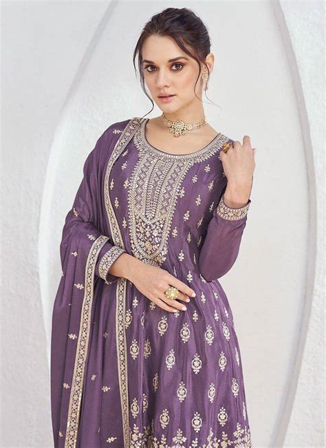 Wine Color Chinon Fabric Embroidery Palazzo Salwar Suit – The CraftsVilla