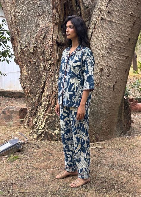 Blue Jungle Boogie Cotton Pajama Set | Hand-Printed Luxury Loungewear ...