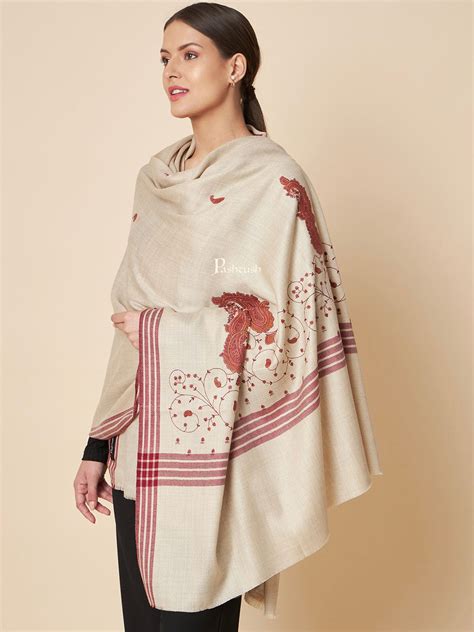 Pashtush Womens Woollen Shawl, Kashmiri Embroidery Design Design, Beig ...