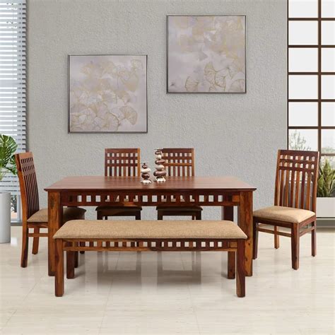 MH Decoart Sheesham Wood Rectangle Dining Table with 4 Cushion Chairs ...