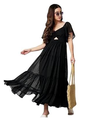 Buy SINCERO Black Georgette Woven Design A-Line Embroidered Frilled ...