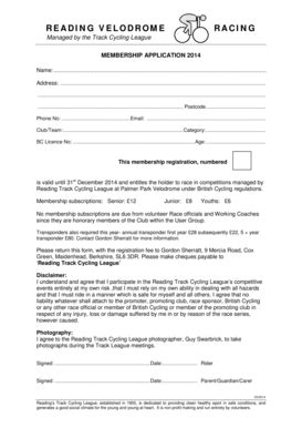 Fillable Online Membership form - Reading Velodrome Racing Fax Email ...