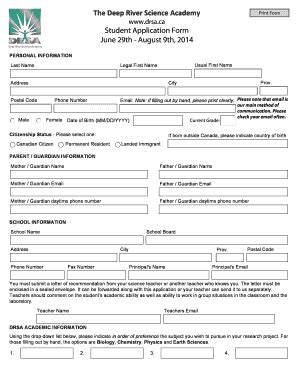 Fillable Online 2014-Student -application - Deep River Science Academy ...