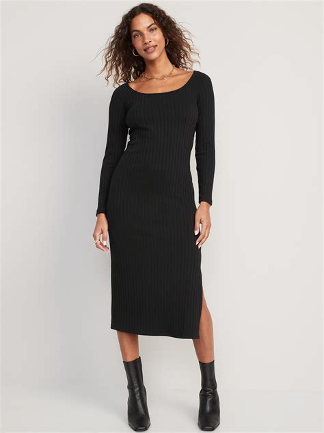 Fitted Long-Sleeve Rib-Knit Midi Dress | Old Navy