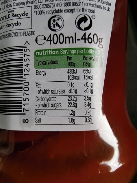 Heinz Ketchup Nutrition Label