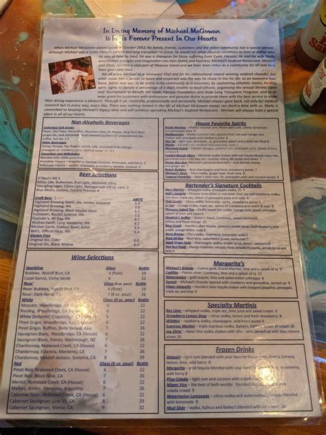 Menu at Michael's Seafood Restaurant, Carolina Beach
