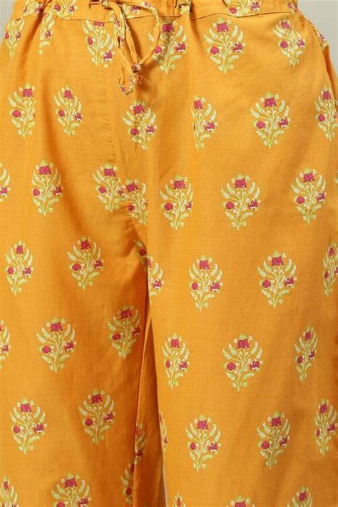 Yellow Printed Cotton A-Line Kurta Palazzo Suit Set
