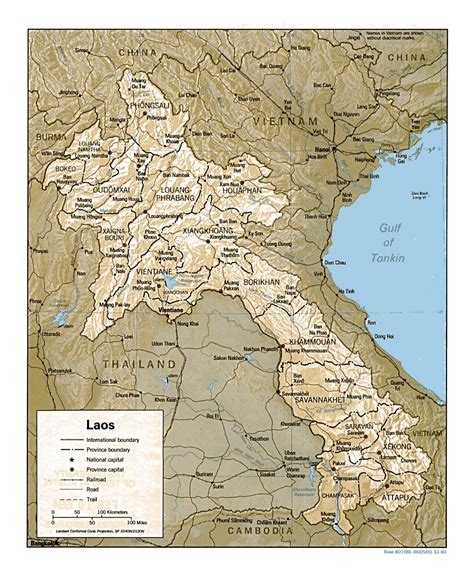 Detailed political and administrative map of Laos with relief, roads, railroads and major cities ...