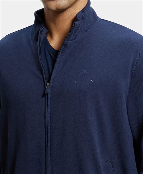 Buy Super Combed Cotton French Terry Jacket with Ribbed Cuffs - Navy ...