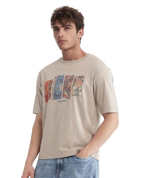 Rare Rabbit Men's Lino Dusky Beige Cotton Graphic Print Qlo Fit Half S