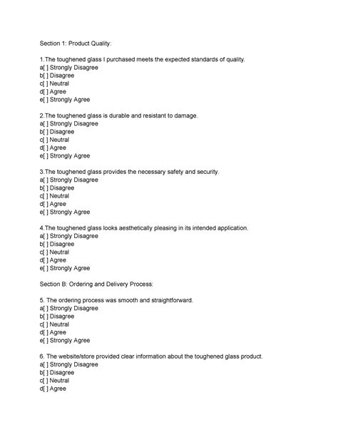 Questionnaire 25 - Section 1: Product Quality: 1 toughened glass I ...