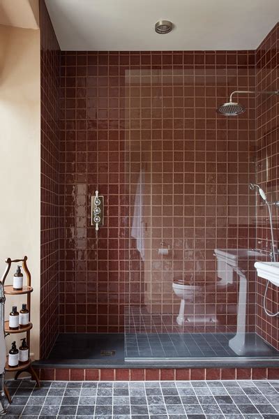 Chic and Modern Shower Space with Rich Burgundy Tiles and Minimalist Design