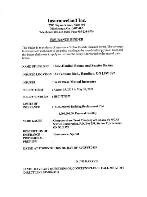 Image result for Example of Insurance Binder for Progressive