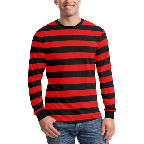 Men Long Sleeve Black Red Striped TShirt, Graphic Vintage Retro Stripes ...