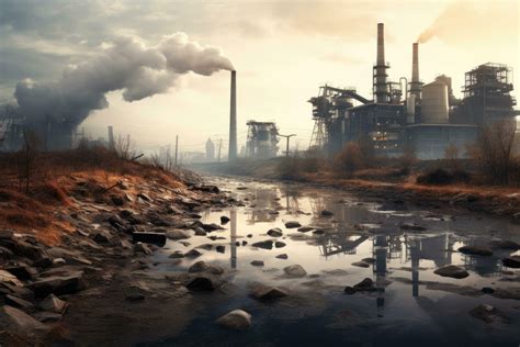 Industrial landscape with a river and smoking chimneys in the fog, industrial landscape with ...