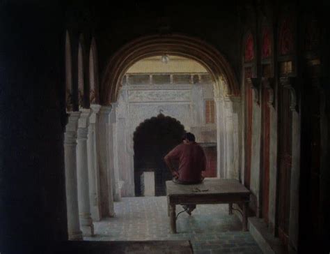 "The Threshold": Light Brown Oil Painting by Anupam Halder – ArtZolo.com