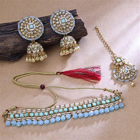 Sukkhi Gold Plated Color Stone & Pearl Sky Blue Choker Basic Design Ne