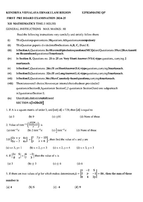 Mathematics QP - Xyz - KENDRIYA VIDYALAYA ERNAKULAM REGION 12PB24MAT02 ...