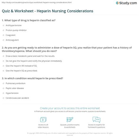 Quiz & Worksheet - Heparin Nursing Considerations | Study.com