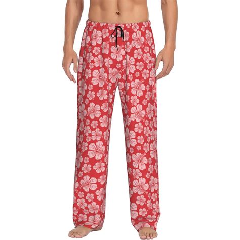 Mens Pajama Pants, Red Hibiscus Flower Lounge Pj Pants With Drawstring ...