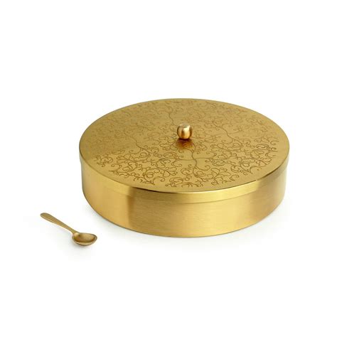 Floral Handcrafted Spice Box In Brass With Spoon - Spice Boxes ...