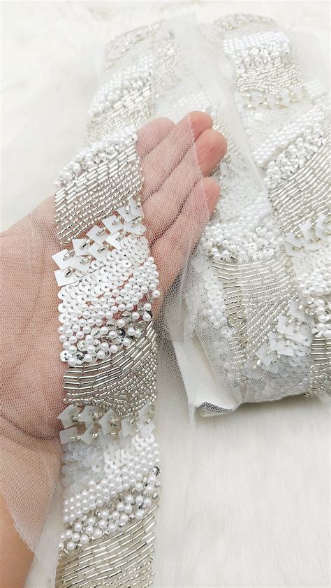 Hand Embroidered White Net Lace With White Sequins and Beads and Pearls ...