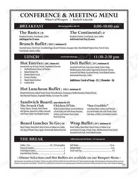 Menu at White's of Westport restaurant, Westport