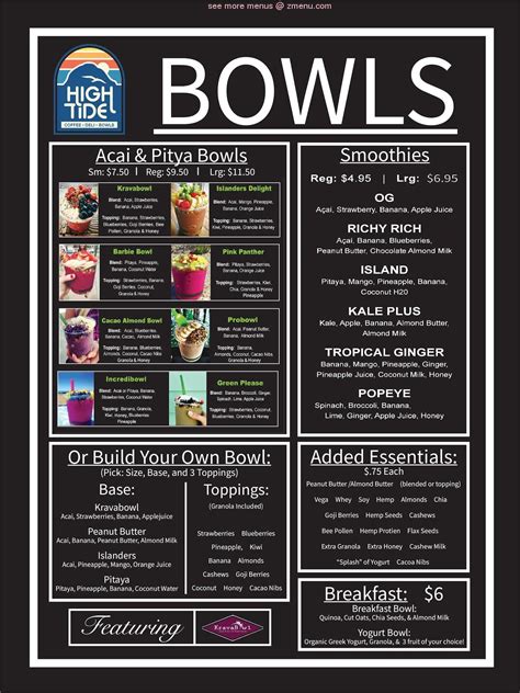 Menu at High Tide restaurant, Morro Bay