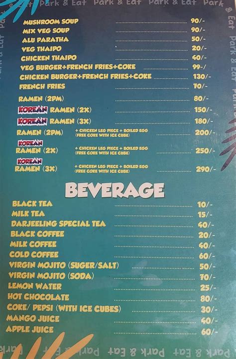 Menu at Park and Eat, Gangtok