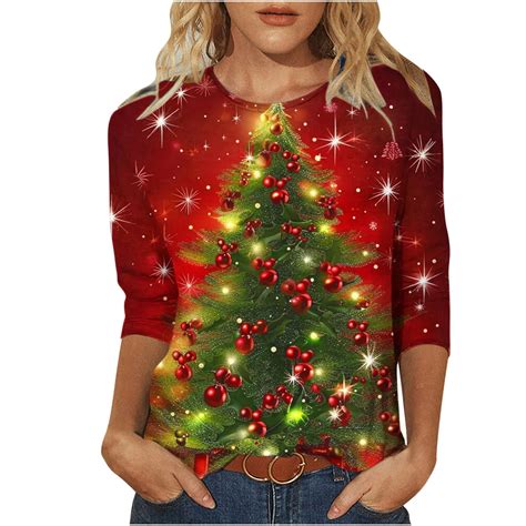 SELONE Christmas Shirts for Women Holiday 3/4 Sleeve Xmas Pullover Tops ...