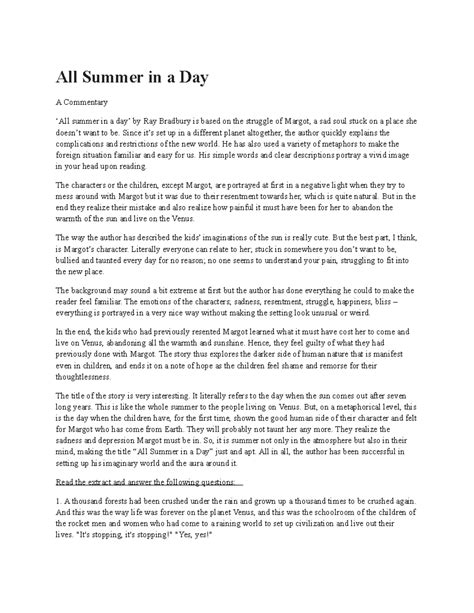 All Summer in a Day - Since it’s set up in a different planet altogether, the author quickly ...