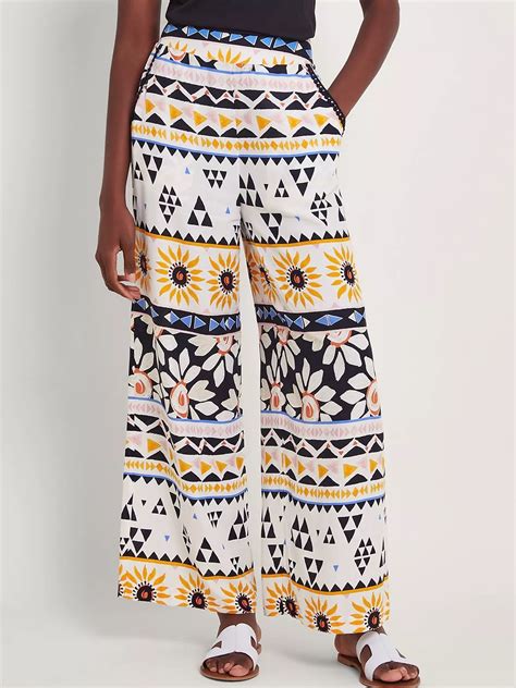 Monsoon Corey Abstract Print Wide Leg Trousers, Ivory/Multi