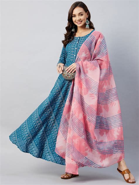 Ocean Bandhani narkali Kurta Pink Kota Dupatta Set