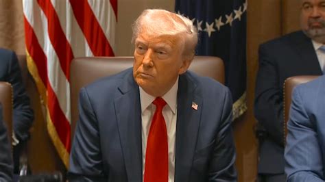 US President Donald Trump, wearing a dark blue suit, white shirt, and light blue tie, looks ahead, h