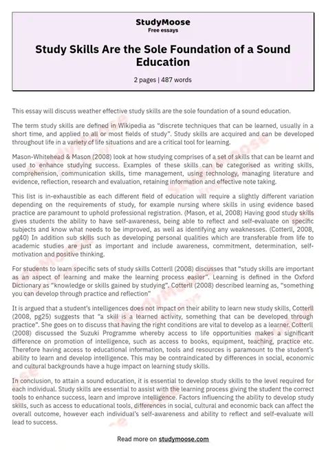 Study Skills Are the Sole Foundation of a Sound Education Free Essay ...