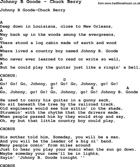 Song Johnny B Goode by Chuck Berry, song lyric for vocal performance ...