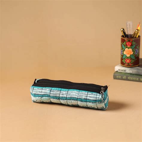 Green Handcrafted Quilted Pencil Pouch