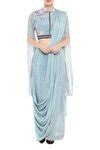 Buy Blue Crepe Floral, Sequin, Striped Mandarin Pre-pleated Skirt Saree ...