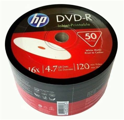 Buy 50 HP Blank DVD-R DVDR Recordable White Inkjet Printable 16X 4.7GB ...