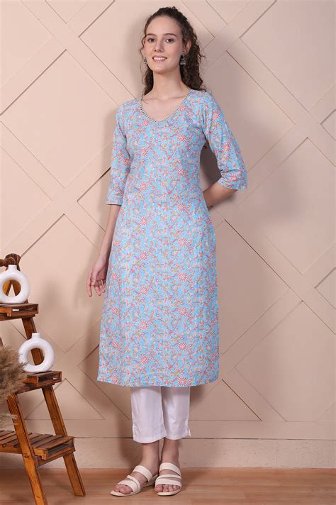 Buy Blue Botanical Printed Pure Cotton Straight Kurta Online for Woman ...