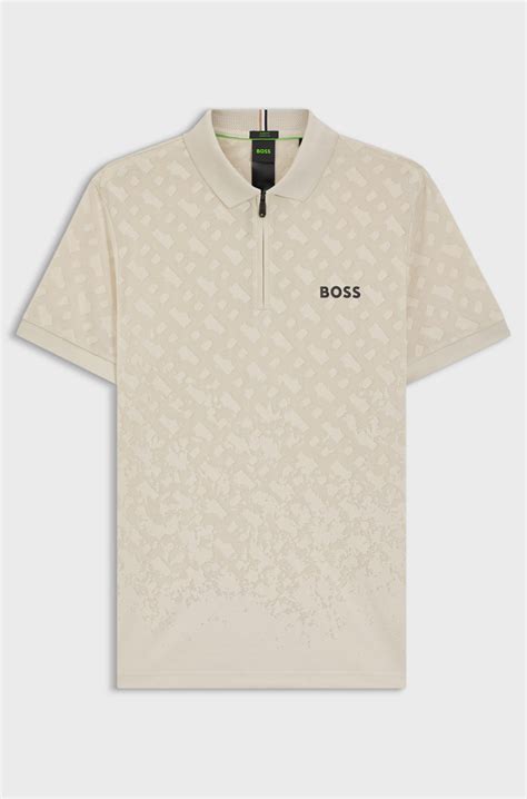 BOSS - Active quick-dry polo shirt with gradient monogram jacquard ...