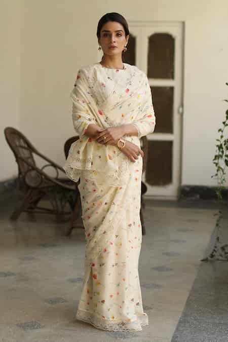 Buy Ivory Saree Kota Print And Embroidery Floral Round Gule Aftab With ...