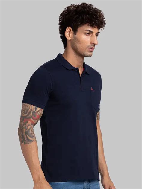 Men Blue Regular Fit Solid Cotton Round Neck Collar Polo T-Shirt ...