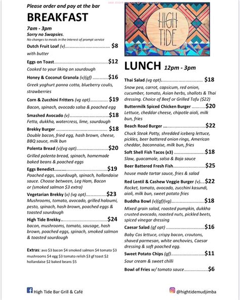 Online Menu of High Tide Bar Grill & Cafe Restaurant, Mudjimba ...
