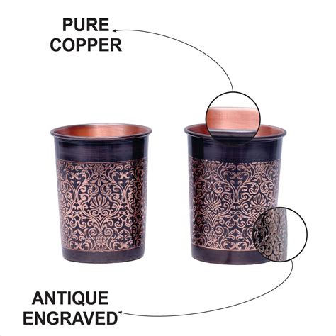 Pure Copper Water Glass Set of 2 Black Antique Engraved Tumbler Capaci ...