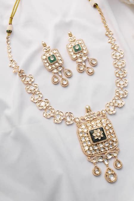 Buy Gold Plated Pearls Geometric Pendant Long Necklace Set by Zevar By ...