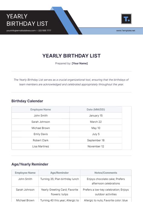 Yearly Birthday List Printable